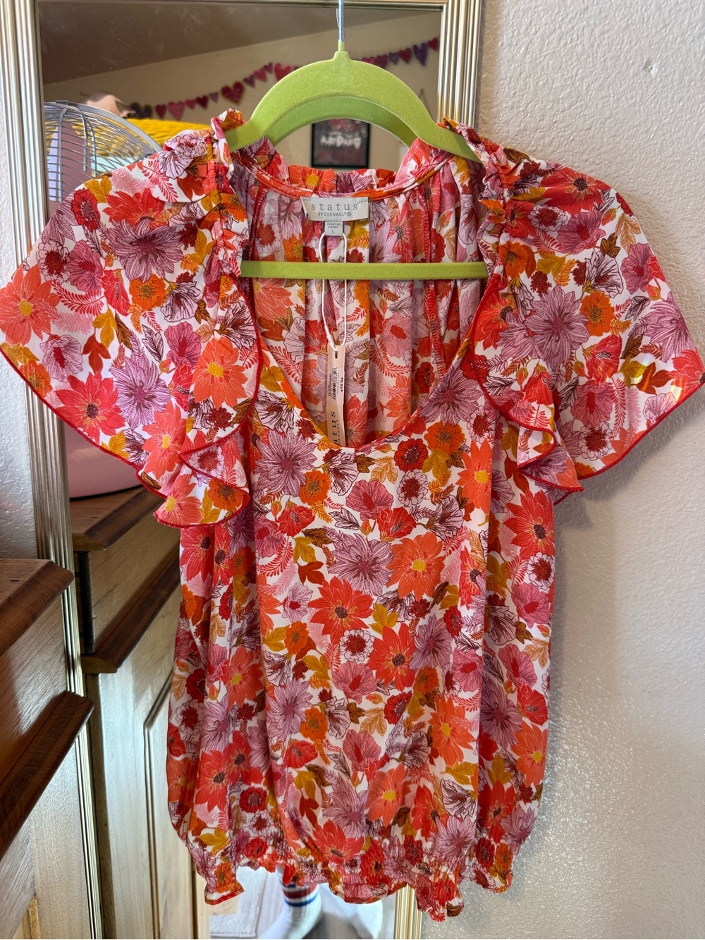 Status Floral Ruffle Sleeve Women's Top in Coral Pink